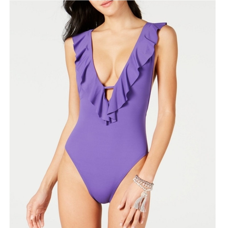 Bar III NWT Purple Ruffled Cross-Back One-Piece Swimsuit Size Large