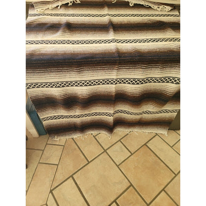 Vtg Brown Neutral Mexican Serape Cotton 77.5 x 47 in Striped Blanket with fringe