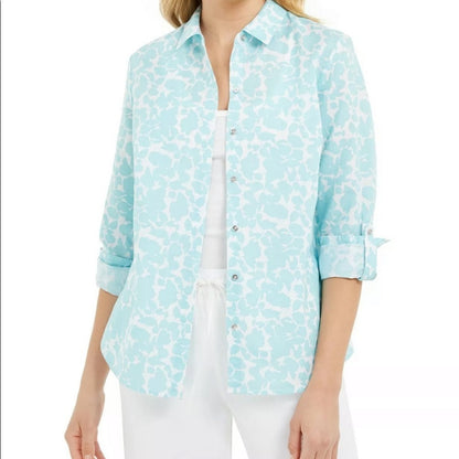 Charter Club Blue White Floral Print Linen Shirt Size Small Button Up Blouse NEW