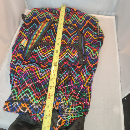 Artisan backpack Rainbow black embroidery bohemian double flap lined fabric NEW