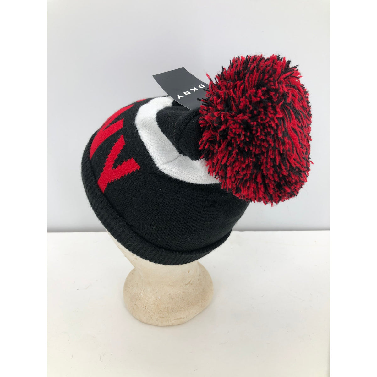 DKNY Women's Logo Stadium Beanie With PomPom Red/black hat Warmer