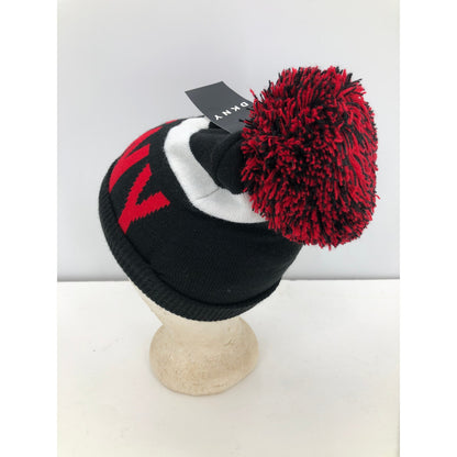 DKNY Women's Logo Stadium Beanie With PomPom Red/black hat Warmer