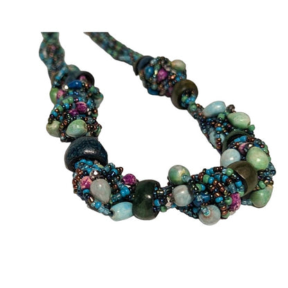 Vintage Cluster Funky Beaded Necklace Glass Wood Costume Jewelry Blue Green BOHO