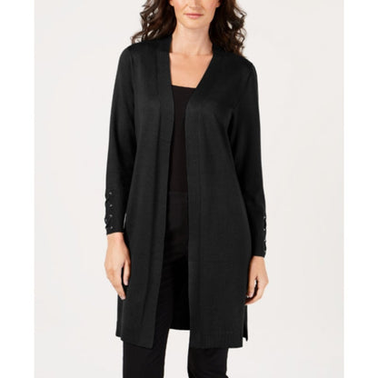 JM Collection Long Cardigan Lace-Up Long Sleeve Deep Black Petite Medium