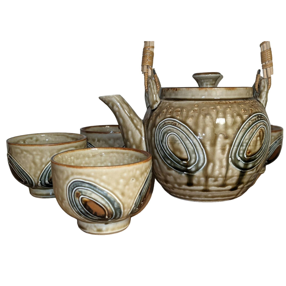 Vintage Japanese Drip Stoneware Teapot with Six Tea Bowl Chawan Ceremony Pottery