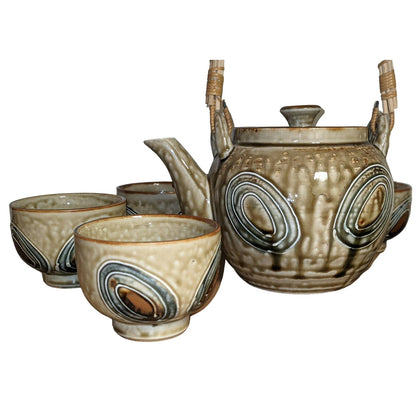 Vintage Japanese Drip Stoneware Teapot with Six Tea Bowl Chawan Ceremony Pottery